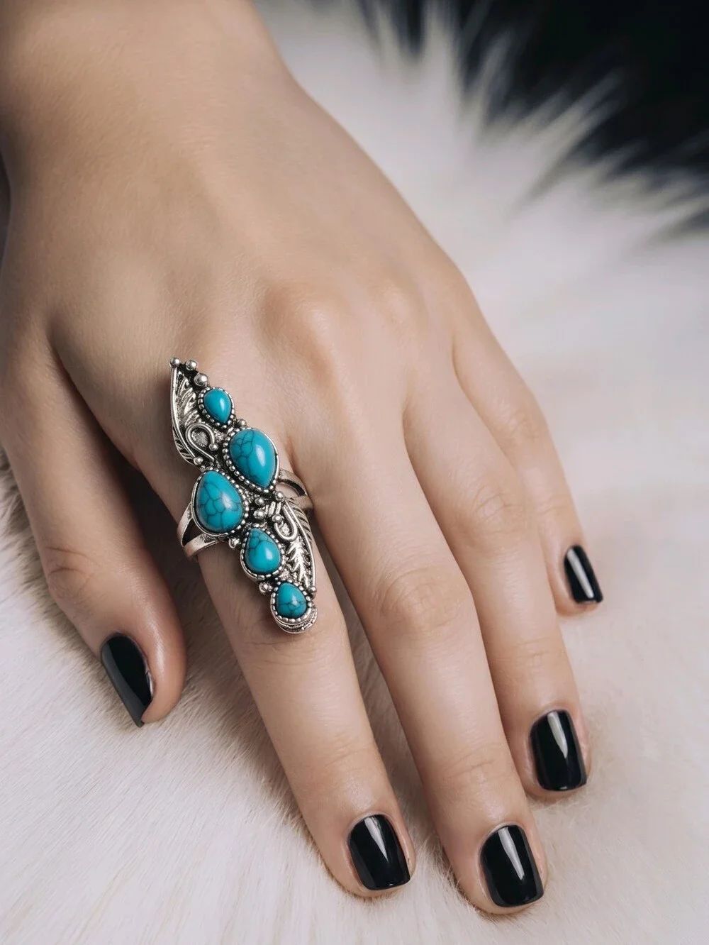 Turquoise Teardrop Statement Ring Silver Boho Western Southwest Size 10